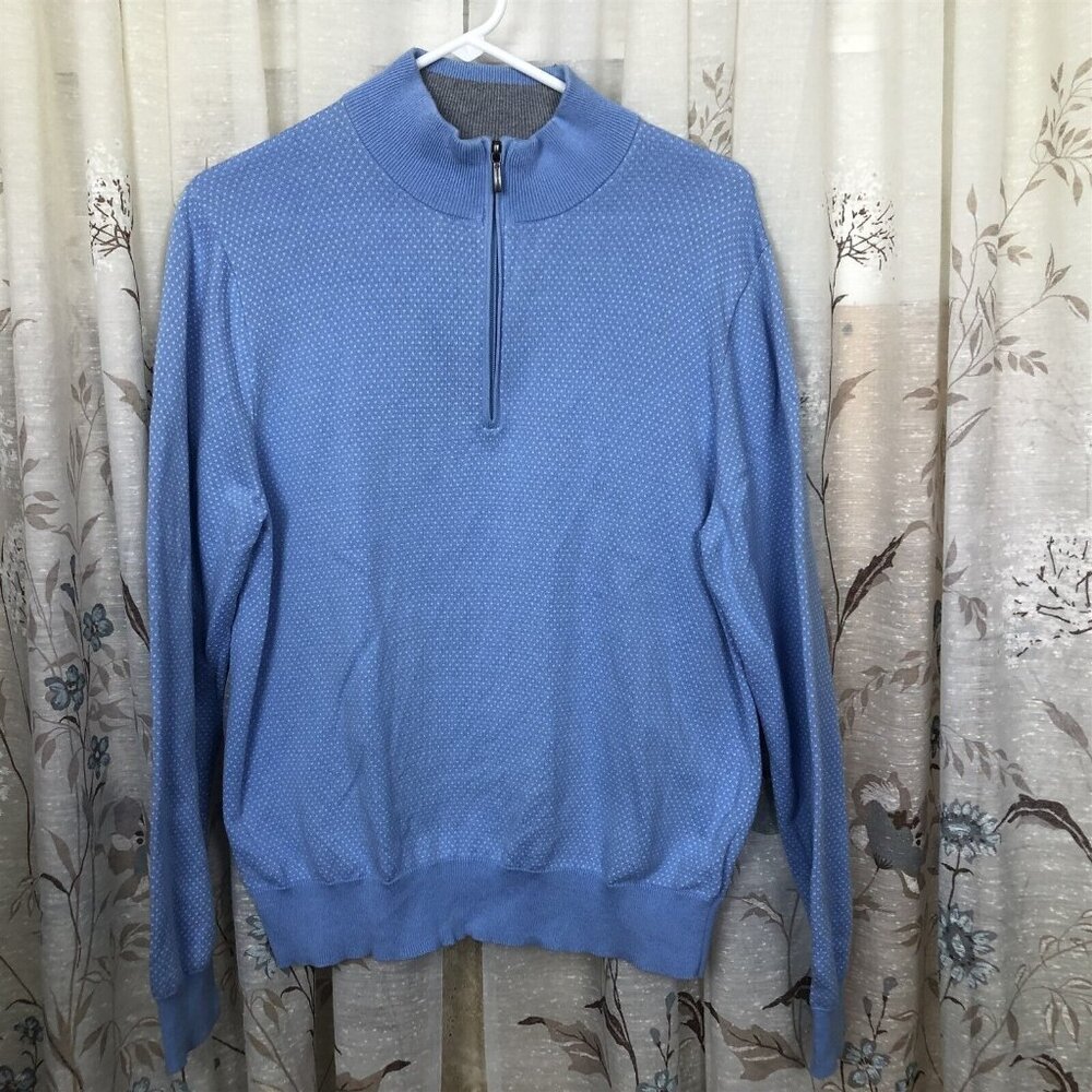 Brooks Brothers Mens Quarter Zip Pullover Long Sleeve Blue White Medium Cotton